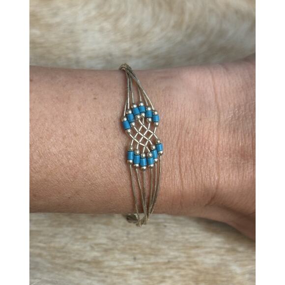 Native American SW Liquid Sterling Silver 6 Strand Turquoise Bracelet Cone Tips - Picture 1 of 6